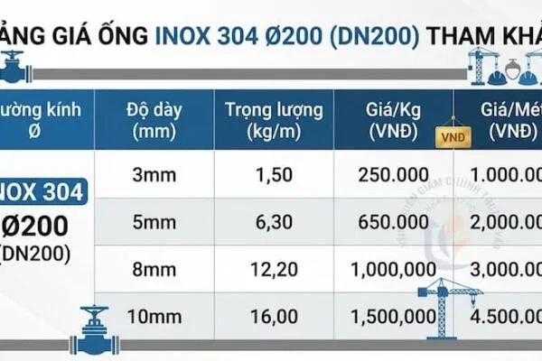 Giá ống inox 304 phi 200 được tính như thế nào?