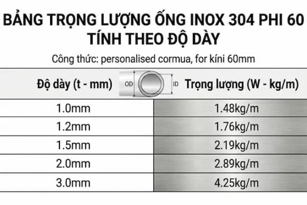 Trọng lượng ống inox 304 phi 60 là gì?