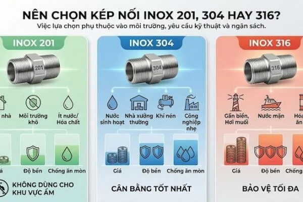 So sánh kép nối inox 201, 304 và 316: Nên chọn loại nào?