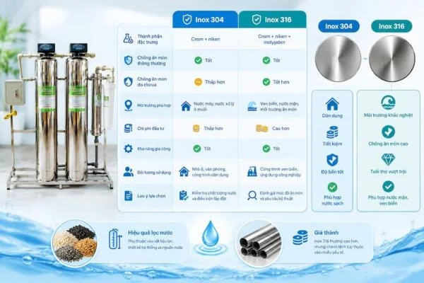 Hệ thống lọc nước đầu nguồn inox 304 và inox 316: Nên chọn loại nào?