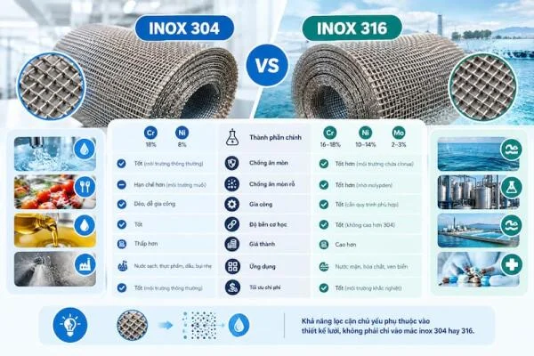 So sánh lưới lọc inox 304 và inox 316: Nên chọn loại nào?