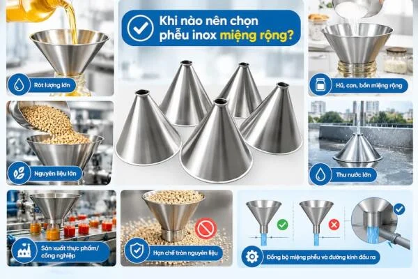 So sánh phễu inox miệng rộng và phễu inox thông thường