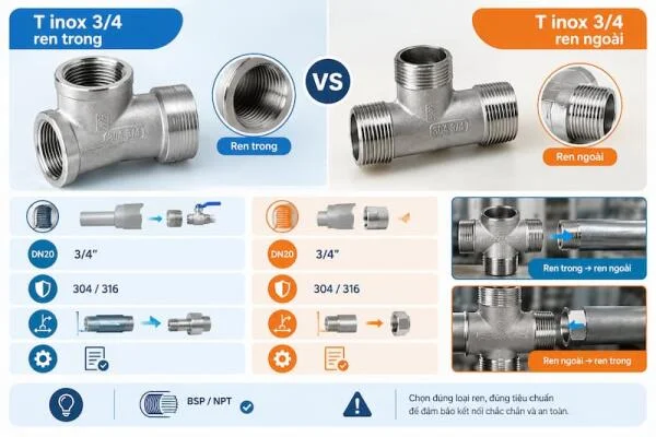 T inox 3/4 ren trong và ren ngoài khác nhau như thế nào?
