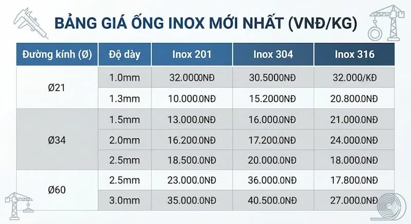 Bảng giá ống inox