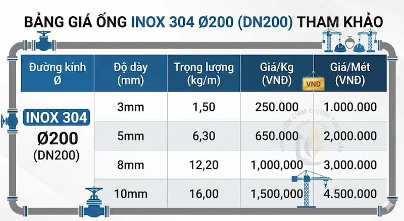 Định nghĩa về ống inox 304 phi 200