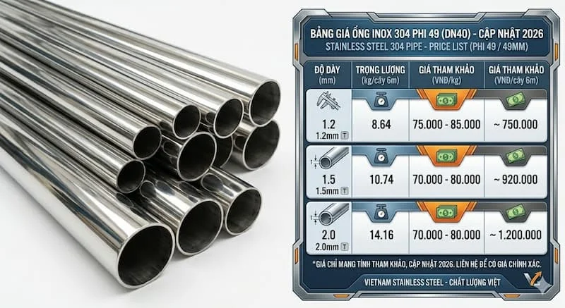Bảng giá của giá ống thép inox 304 phi 42