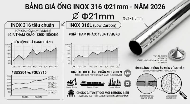 Bảng giá của giá inox ống trang trí 316
