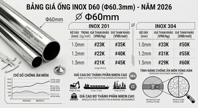Bảng giá của giá ống thép inox d60