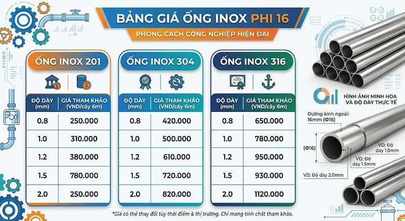 Bảng giá của giá inox thép phi 16
