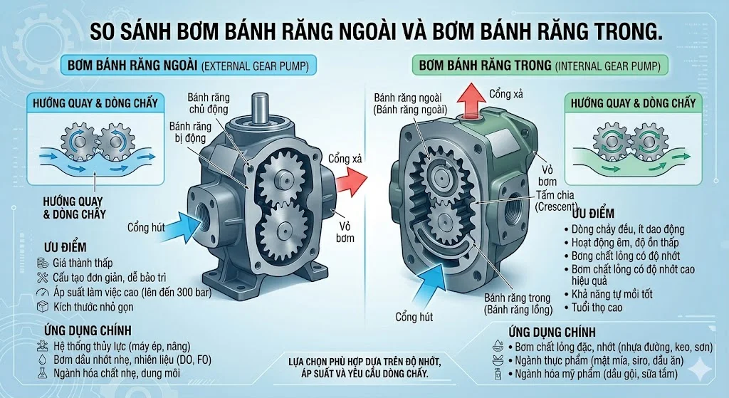 So sánh bơm bánh răng trong và bơm bánh răng ngoài