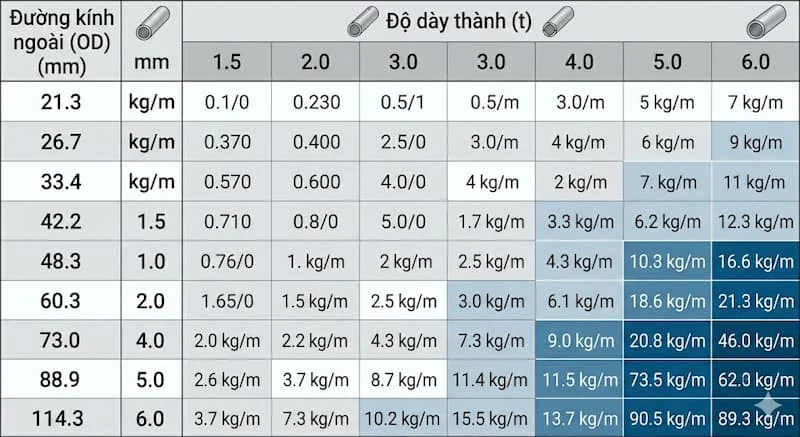 Bảng tra cứu trọng lượng chi tiết