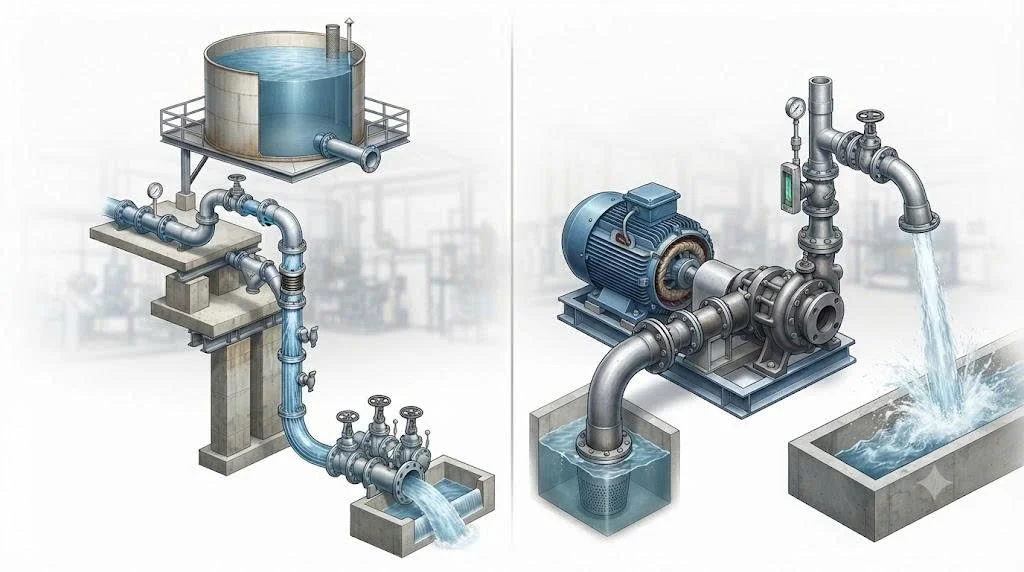 So sánh gravity-fed system và máy bơm nước thông thường