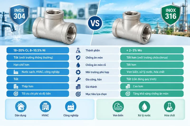 Bảng so sánh stainless steel pipe tee fitting