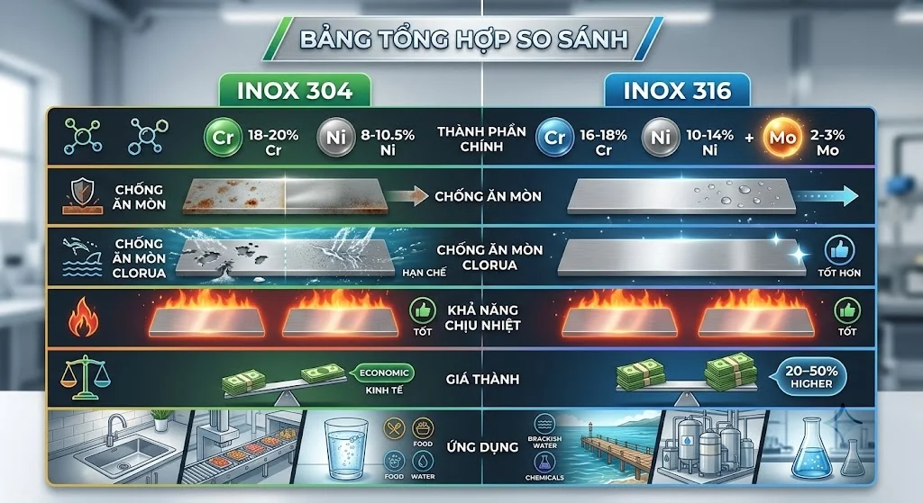 Bảng so sánh hai loại inox